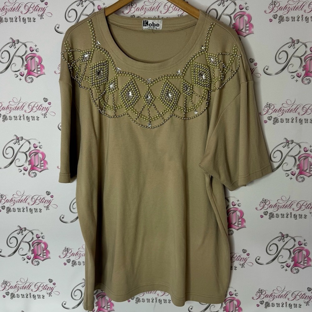 Kobe embroidered beaded diamond neckline top tshirt Tan Embellished Top